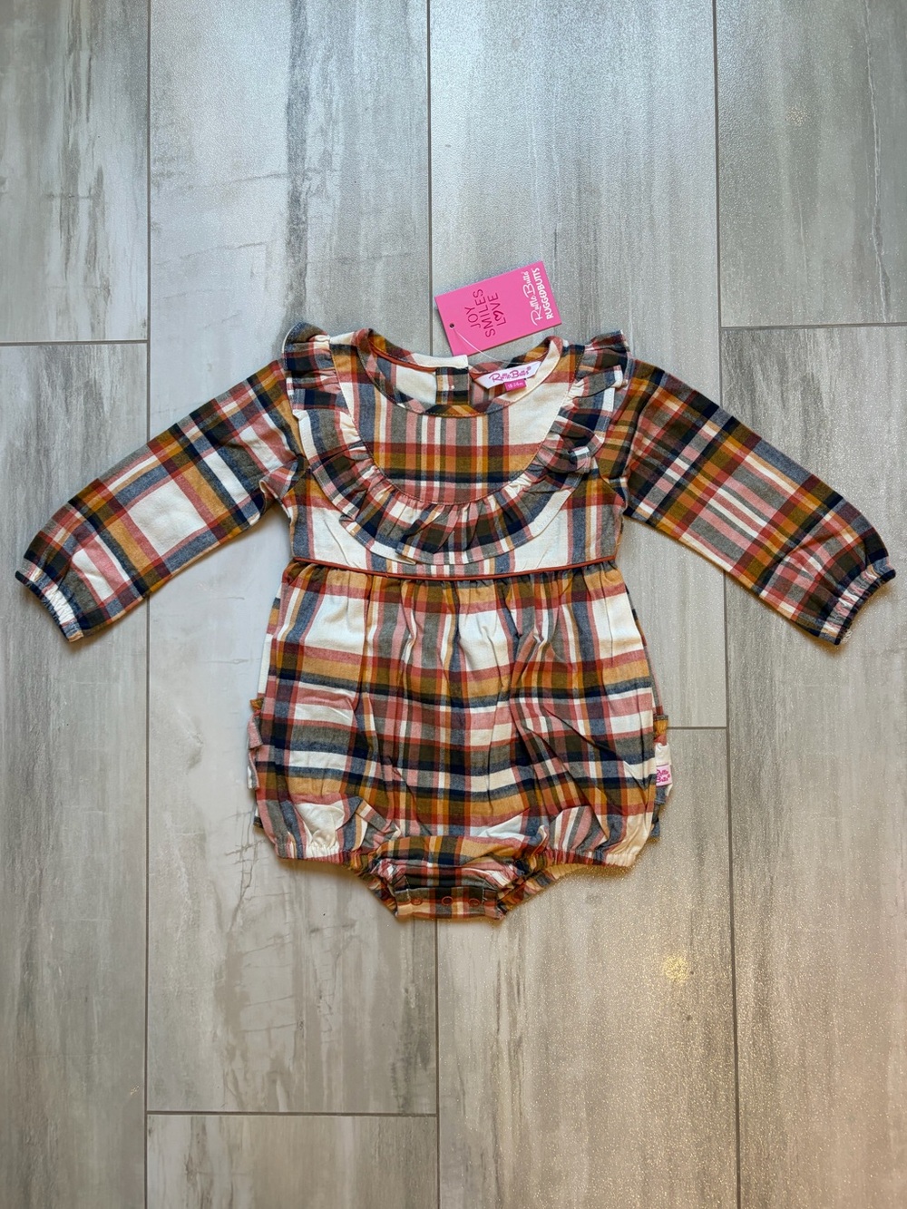 NWT RuffleButts Neutral Hudson Plaid Flannel Ruffle Bubble Romper Girls 18-24M